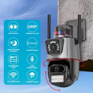 Câmera Dupla Speed Dome Wi-Fi Visão Noturna Colorida Starcolor 6MP Detecção de Movimento Alarme Sonoro e Visual