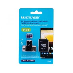 Cartão de Memória Micro SD 64GB Multilaser Ultra High Speed-I Com Adaptador USB Dual Drive + Adaptador SD