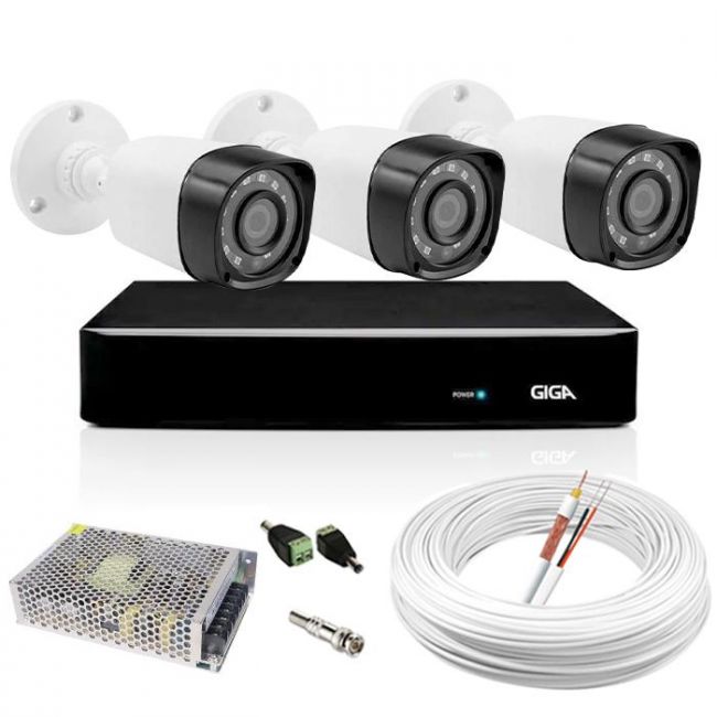  Kit 3 Câmeras de Segurança HD Com DVR Giga Security 4 Canais e Acessórios