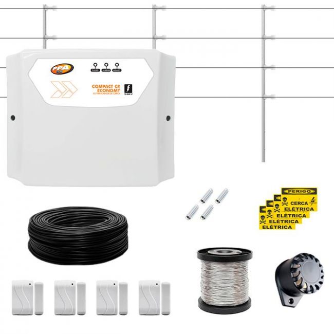 Kit Cerca Elétrica Com Alarme GCP 10000 c/ 4 Sensores Magnéticos Sem Fio - Para Até 120m de Muro