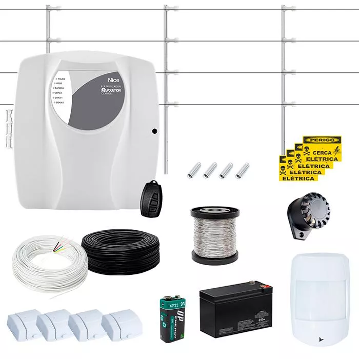  Kit Cerca Elétrica Genno Nice 100 Metros de Muro C/ Alarme 5 Sensores Sem Fio Magnético e IVP