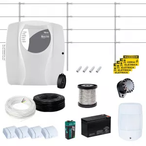  Kit Cerca Elétrica Genno Nice 100 Metros de Muro C/ Alarme 5 Sensores Sem Fio Magnético e IVP