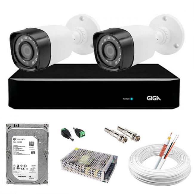 Kit CFTV 2 Câmeras de Segurança de Alta Definição Full HD e DVR 4 Canais Giga Security Com Acessórios