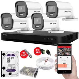 Kit CFTV Com 4 Câmeras de Segurança Hikvision Colorvu Imagens Noturnas Coloridas Full HD 1080p
